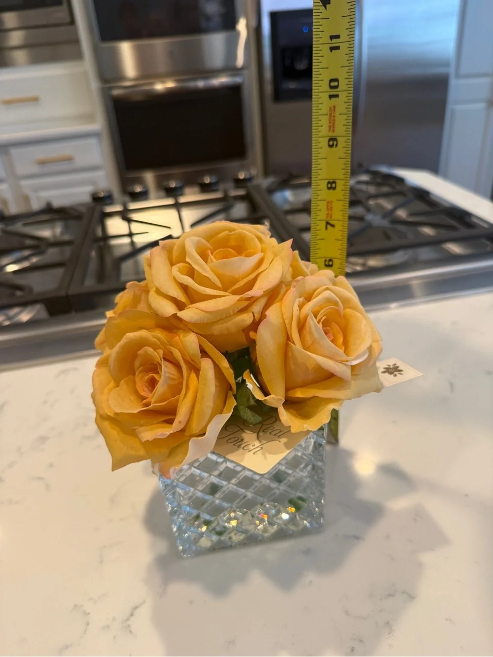 Ella Lux Real Touch Yellow Rose Floral Arrangement Glass Cube Vase Faux Flowers
